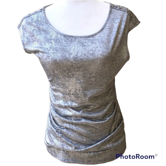 Calvin Klein Silver Metallic Stretchy Print Scoop Neck Top Women’s Small NWT - Picture 1 of 16